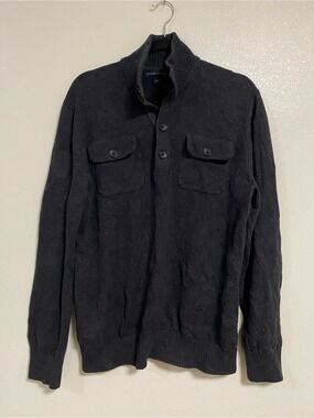 Banana Republic Sweater Men Size Large Charcoal Quarter Button Mock Neck Sweater